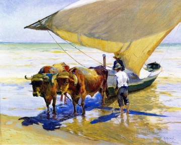 Cattle Cow Bull Painting - cattle pull boat